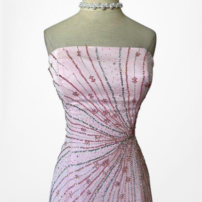 Vintage Y2K Pastel Pink Beaded Strapless A-Line Flared Maxi Prom Dress Size S/M