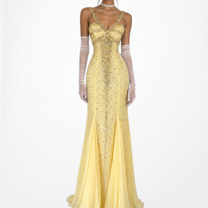 Vintage Yellow Beaded Mesh Bodycon Maxi Prom Dress Size XS/S