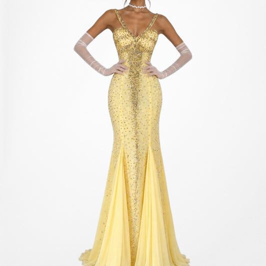 Vintage Yellow Beaded Mesh Bodycon Maxi Prom Dress Size XS/S
