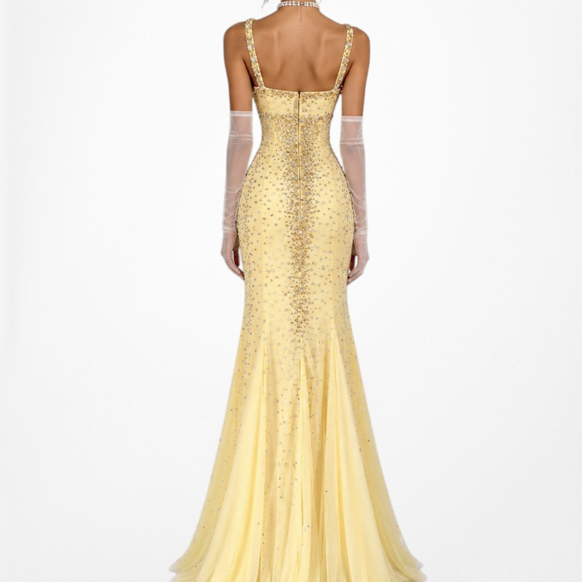 Vintage Yellow Beaded Mesh Bodycon Maxi Prom Dress Size XS/S