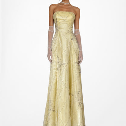 Vintage Y2K Pastel Yellow Strapless Embroidered Mesh Maxi Prom Dress Size S/M
