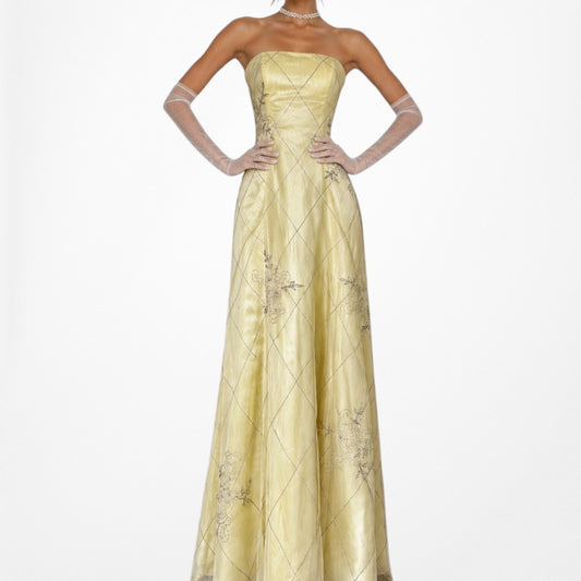 Vintage Y2K Pastel Yellow Strapless Embroidered Mesh Maxi Prom Dress Size S/M