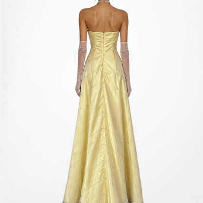 Vintage Y2K Pastel Yellow Strapless Embroidered Mesh Maxi Prom Dress Size S/M