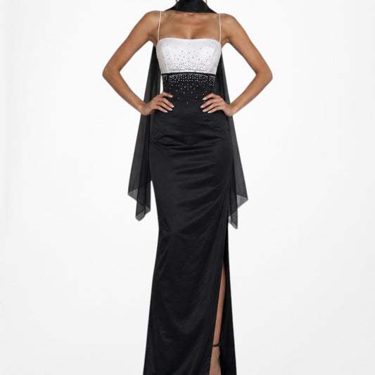 Vintage White Black Beaded Rhinestone Satin Slit Bodycon Maxi Formal Prom Dress Size S/M