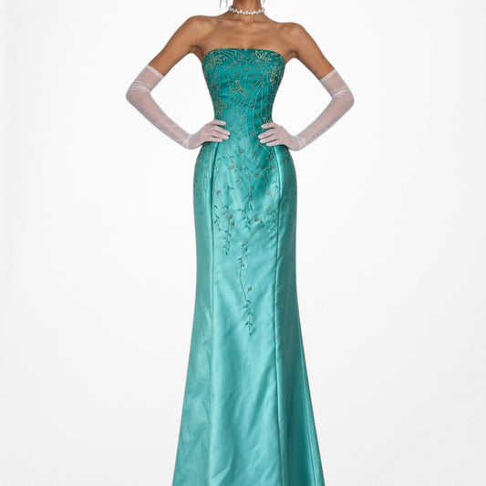 Vintage Y2K 90s Blue Strapless Ombre Floral Beaded Maxi Prom Formal Dress Size S