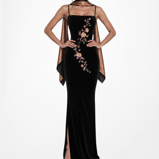 Vintage Black Velvet Knit Floral Embroidered Side Slit Maxi Bodycon Prom Dress Size S/M