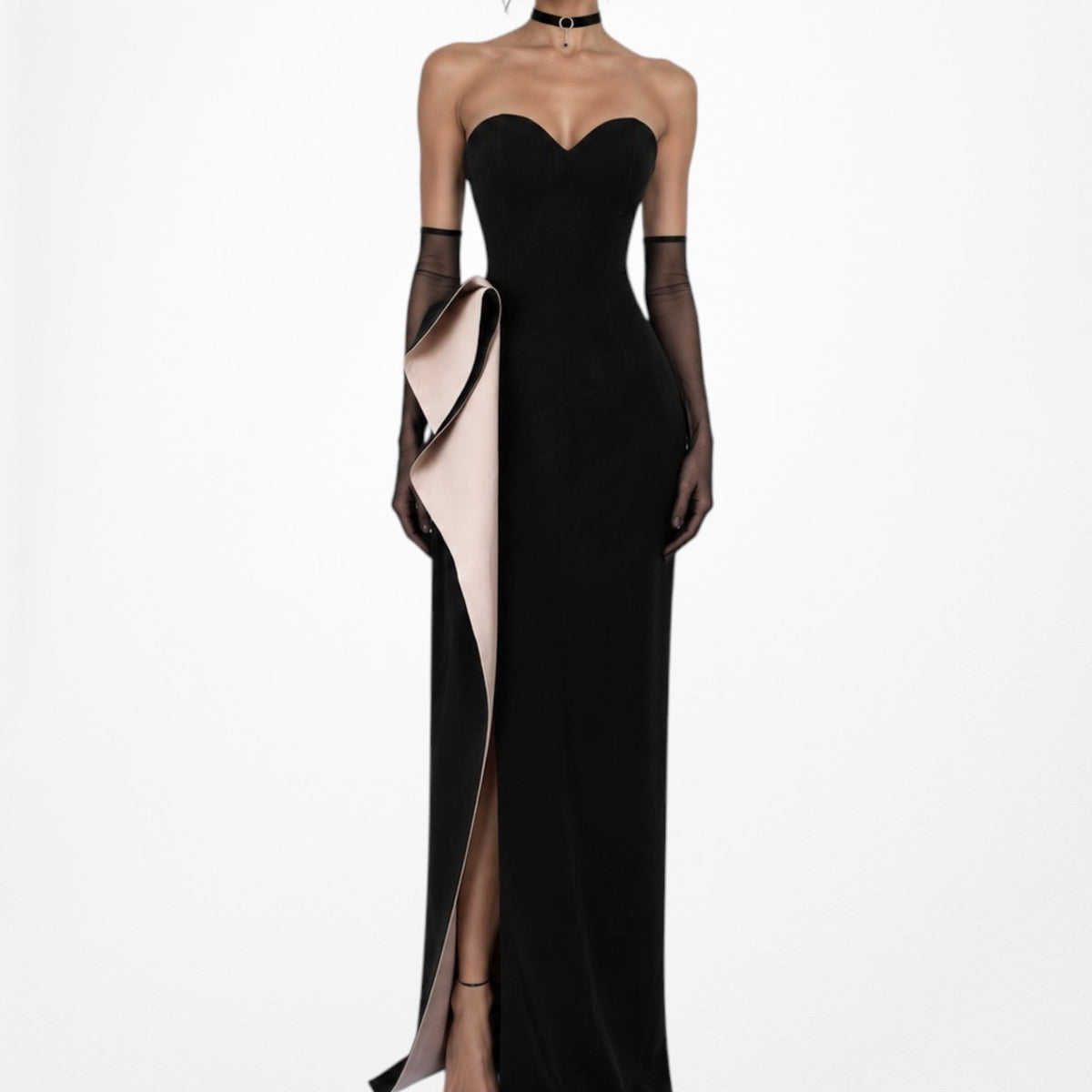 Vintage Y2K Black Strapless Ruffle Side Slit Bodycon Maxi Formal Dress Size M