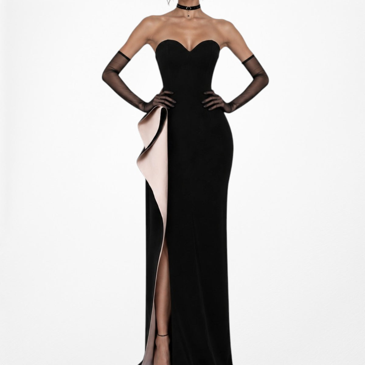Vintage Y2K Black Strapless Ruffle Side Slit Bodycon Maxi Formal Dress Size M