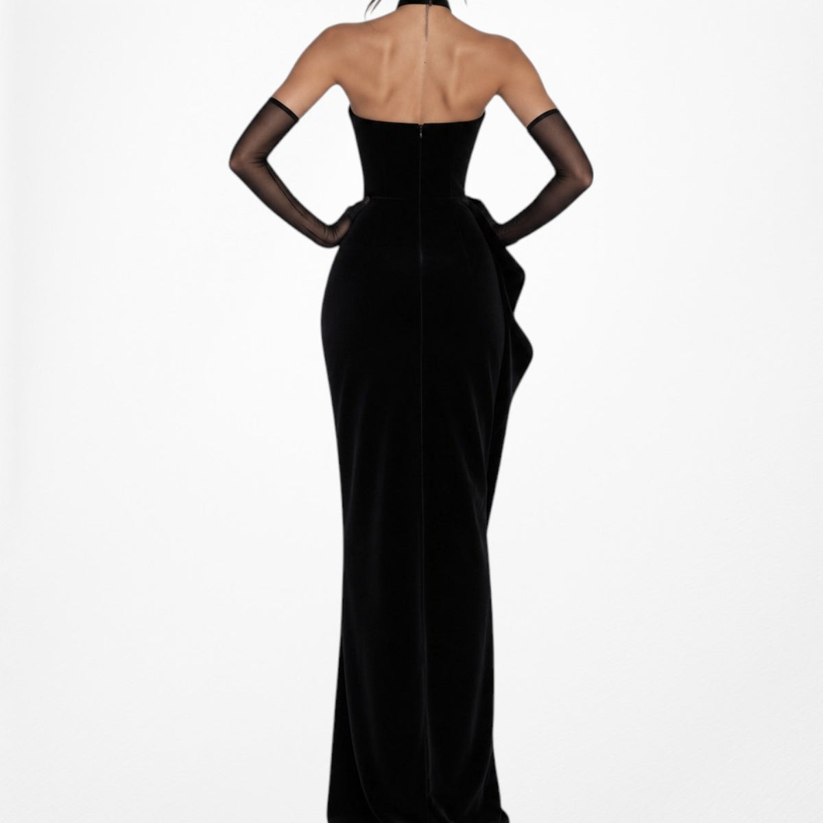 Vintage Y2K Black Strapless Ruffle Side Slit Bodycon Maxi Formal Dress Size M