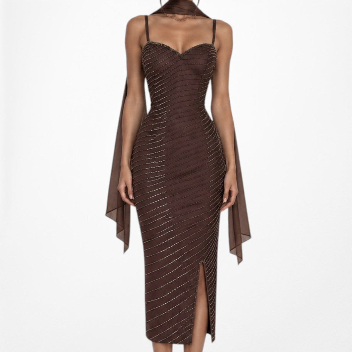 Vintage Brown Beaded Silk Knee Length Thigh High Side Slit Bodycon Dress Size XS