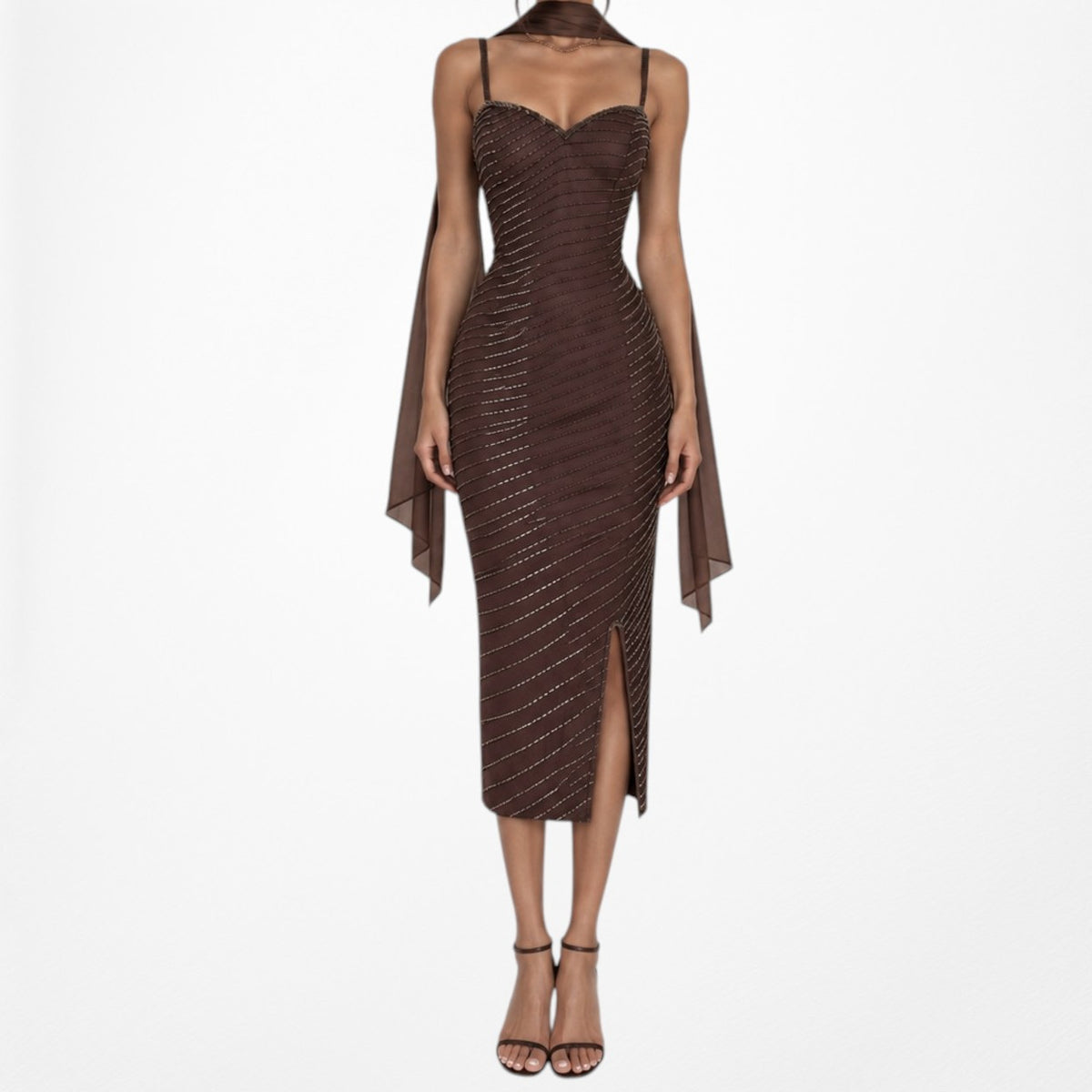 Vintage Brown Beaded Silk Knee Length Thigh High Side Slit Bodycon Dress Size XS