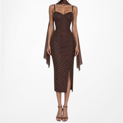 Vintage Brown Beaded Silk Knee Length Thigh High Side Slit Bodycon Dress Size XS