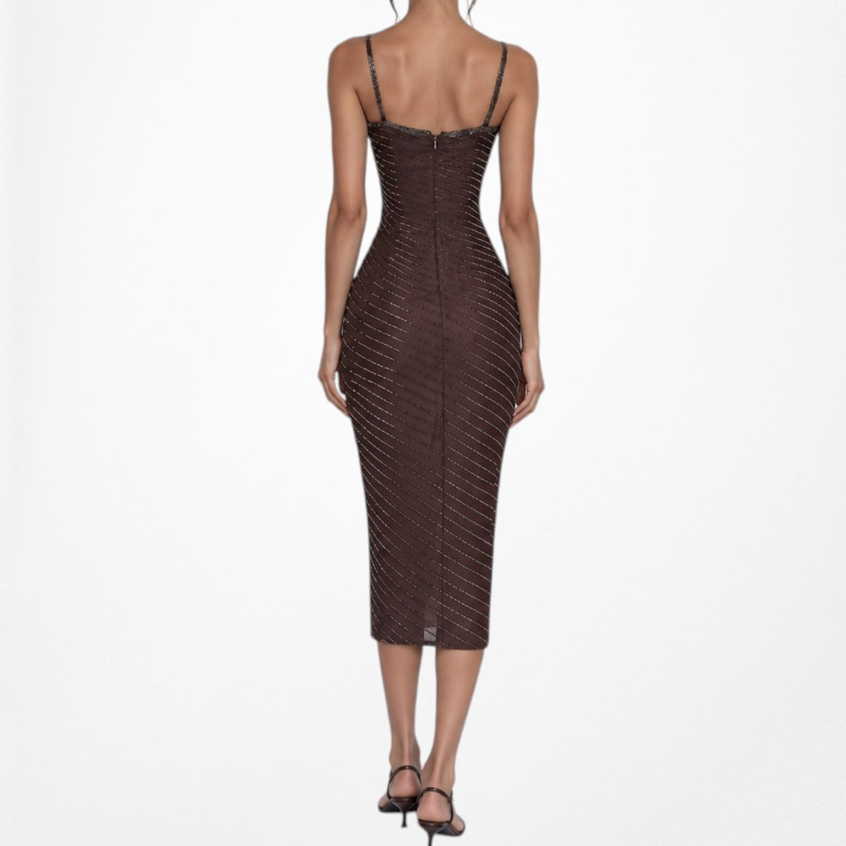 Vintage Brown Beaded Silk Knee Length Thigh High Side Slit Bodycon Dress Size XS