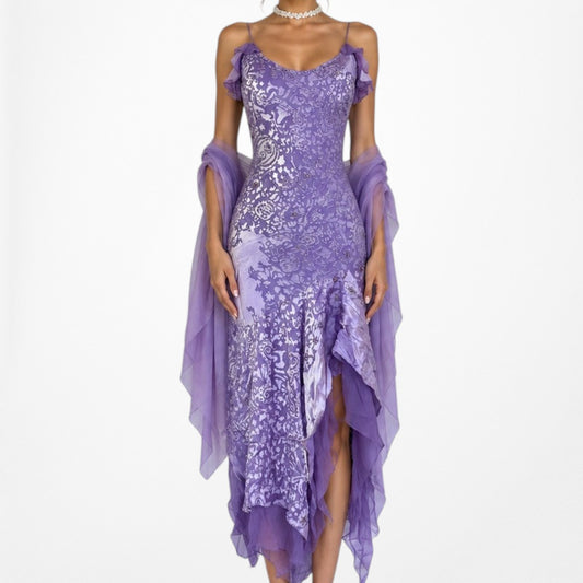 Vintage Purple Silk Asymmetric Ruffle Beaded Midi Cocktail Formal Dress Size S/M