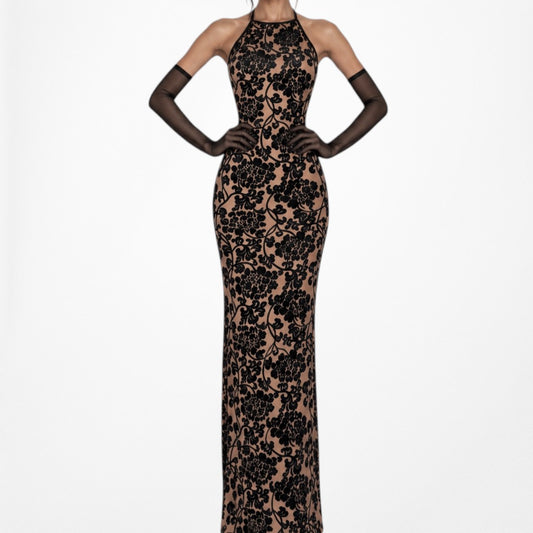 Vintage Brown Black Semi Sheer Knit Bodycon Maxi Cocktail Formal Dress Size XS/S