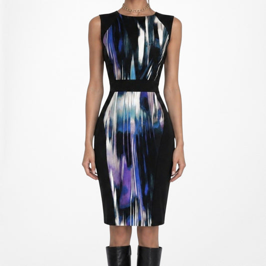 Vintage Y2K 90s Black Blue Abstract Print Bodycon Knit Knee Length Dress Size M