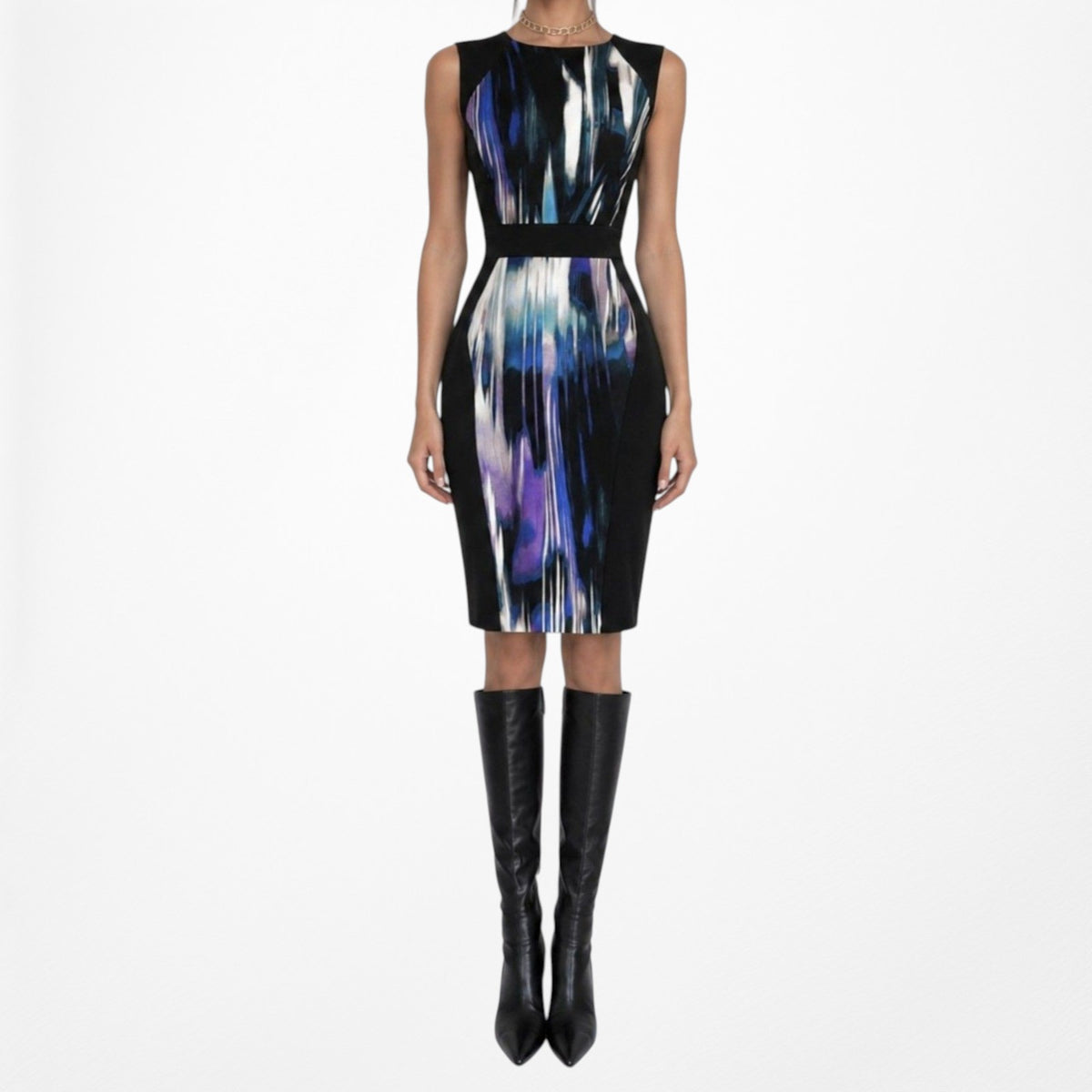 Vintage Y2K 90s Black Blue Abstract Print Bodycon Knit Knee Length Dress Size M