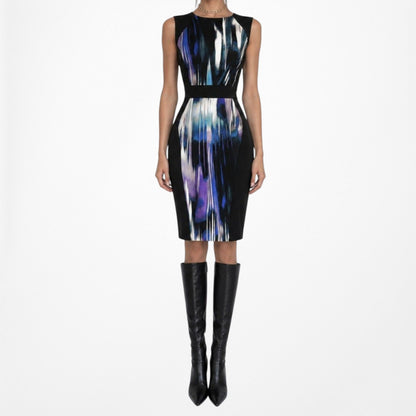 Vintage Y2K 90s Black Blue Abstract Print Bodycon Knit Knee Length Dress Size M
