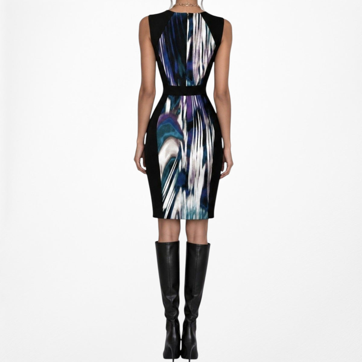 Vintage Y2K 90s Black Blue Abstract Print Bodycon Knit Knee Length Dress Size M