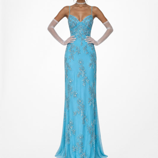 Vintage Blue Floral Beaded Knit Bodycon Maxi Mesh Prom Dress Size S