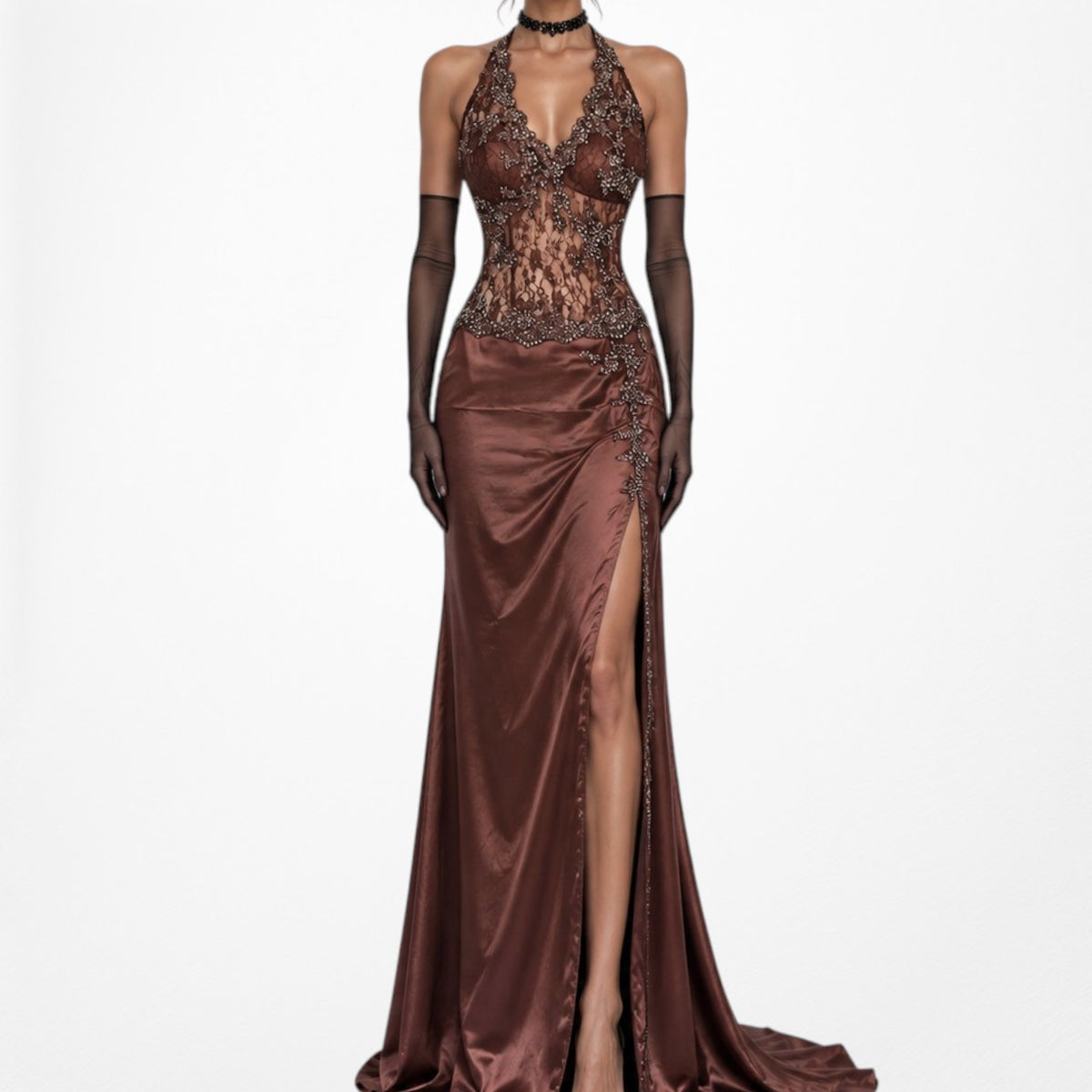 Vintage Y2K Brown Lace Beaded Halter Side Slit Satin Maxi Bodycon Dress Size S