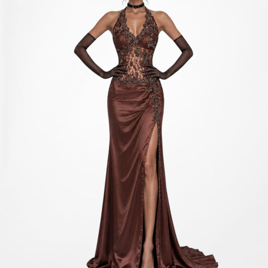 Vintage Y2K Brown Lace Beaded Halter Side Slit Satin Maxi Bodycon Dress Size S