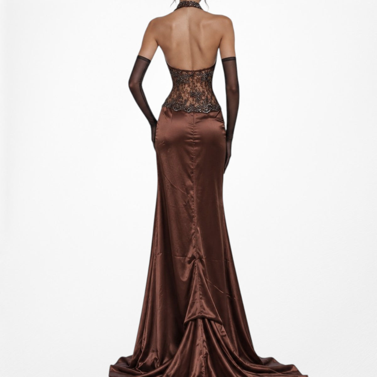 Vintage Y2K Brown Lace Beaded Halter Side Slit Satin Maxi Bodycon Dress Size S