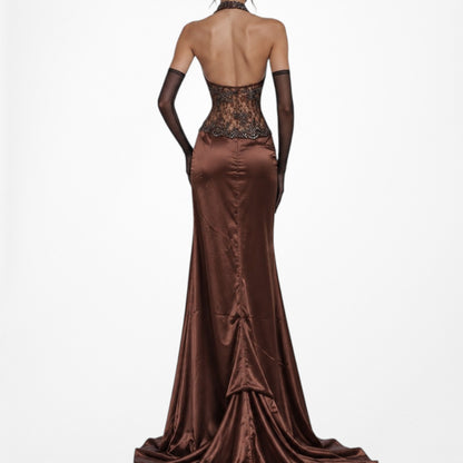Vintage Y2K Brown Lace Beaded Halter Side Slit Satin Maxi Bodycon Dress Size S