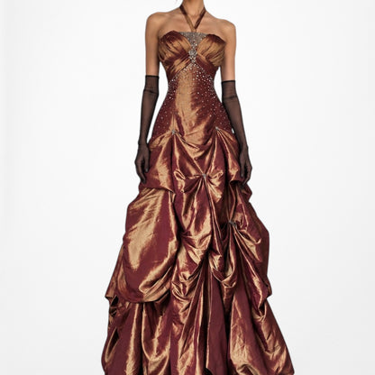 Vintage Y2K Copper Brown Halter Beaded Satin Flared Maxi Prom Dress Size XS/S