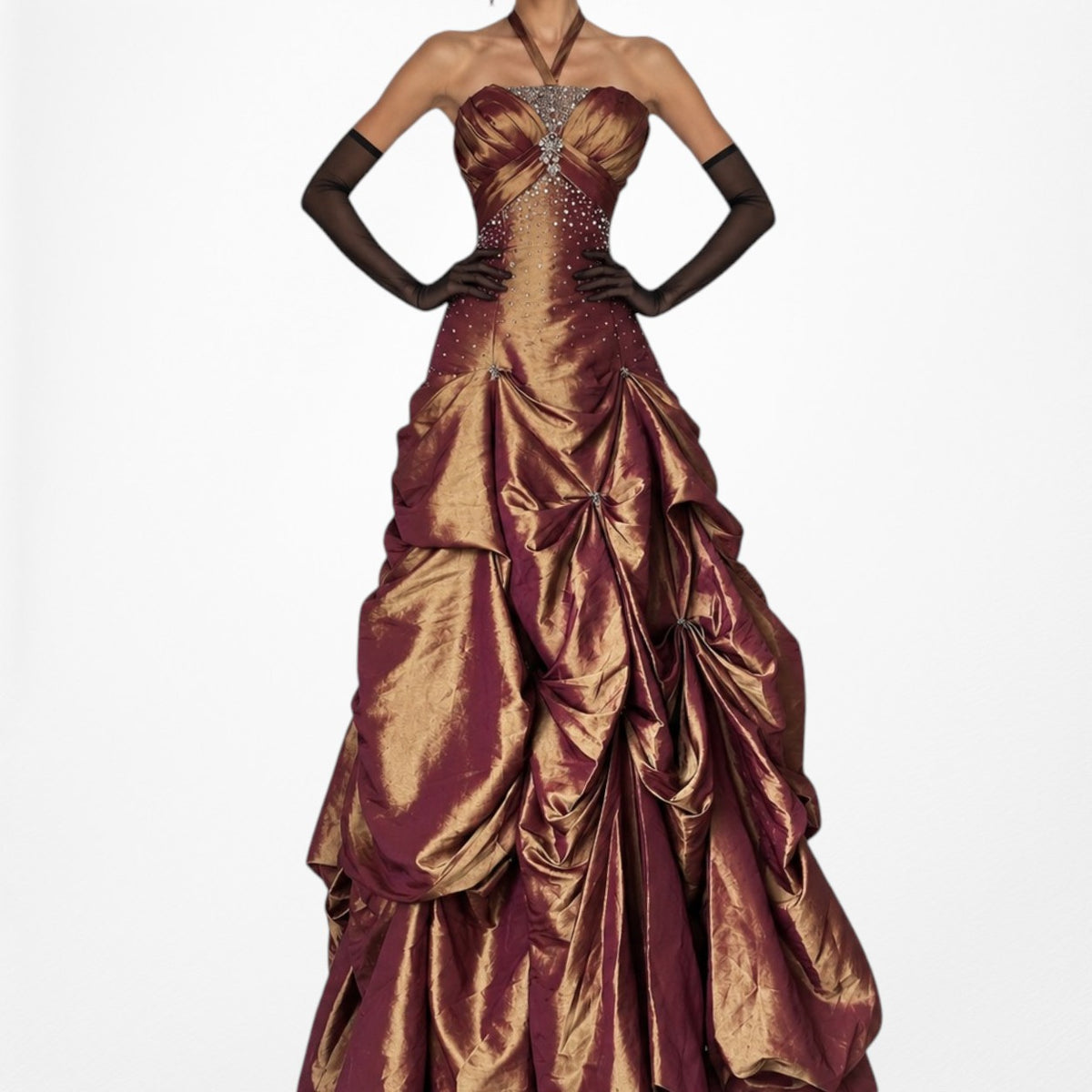 Vintage Y2K Copper Brown Halter Beaded Satin Flared Maxi Prom Dress Size XS/S