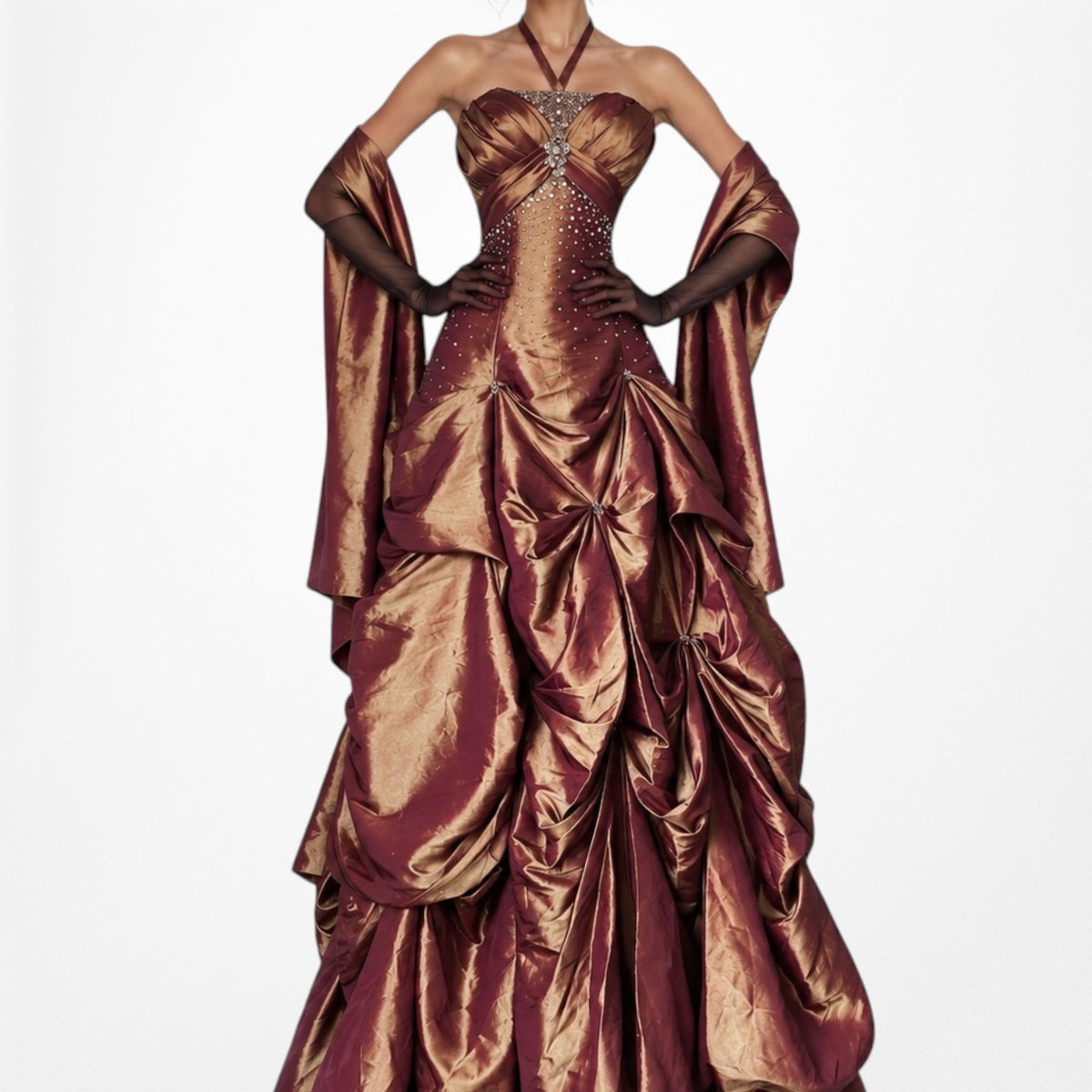 Vintage Y2K Copper Brown Halter Beaded Satin Flared Maxi Prom Dress Size XS/S