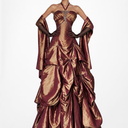 Vintage Y2K Copper Brown Halter Beaded Satin Flared Maxi Prom Dress Size XS/S