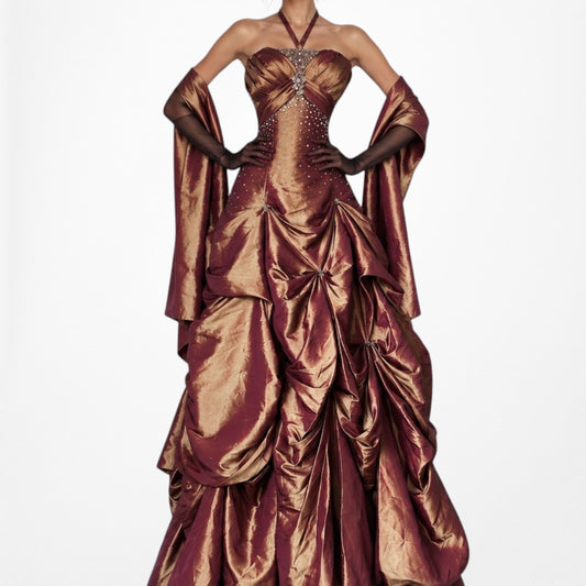 Vintage Y2K Copper Brown Halter Beaded Satin Flared Maxi Prom Dress Size XS/S
