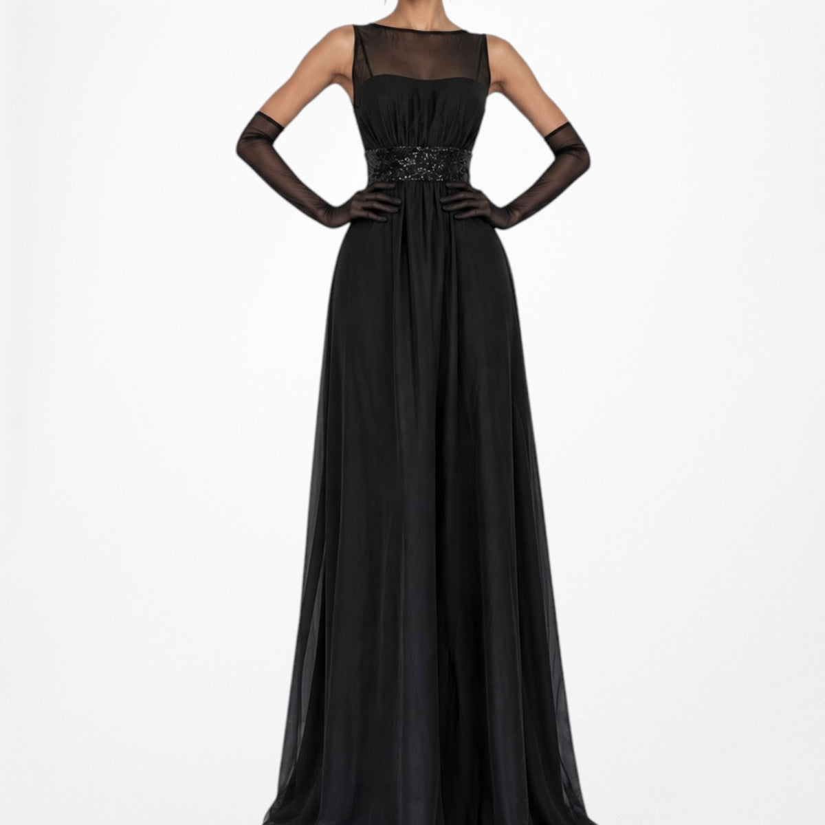 Vintage Y2K 90s Black Sequin Embellished Maxi Formal Cocktail Dress Size M
