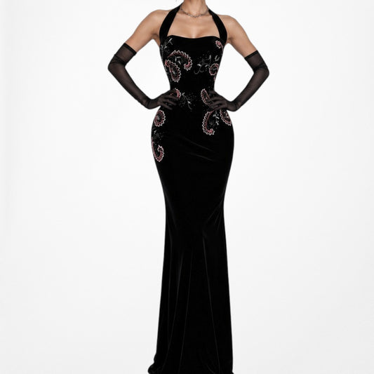 Vintage Black Velvet Halter Beaded Maxi Bodycon Formal Prom Dress Size M