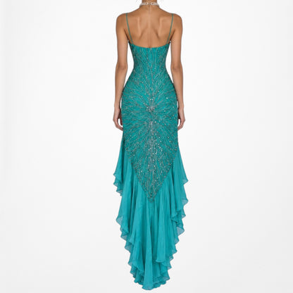 Vintage Blue Silk Beaded Ruffle High Low Midi Cocktail Prom Dress Size M/L
