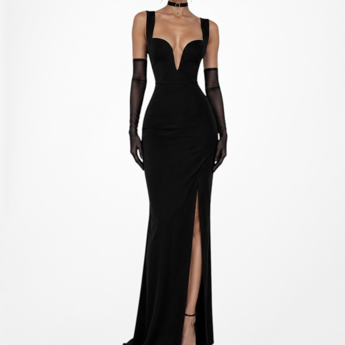 Black Plunging V-Neck Knit Side Slit Maxi Bodycon Prom Dress Size S