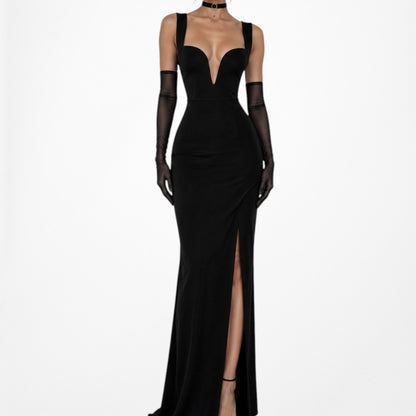Black Plunging V-Neck Knit Side Slit Maxi Bodycon Prom Dress Size S