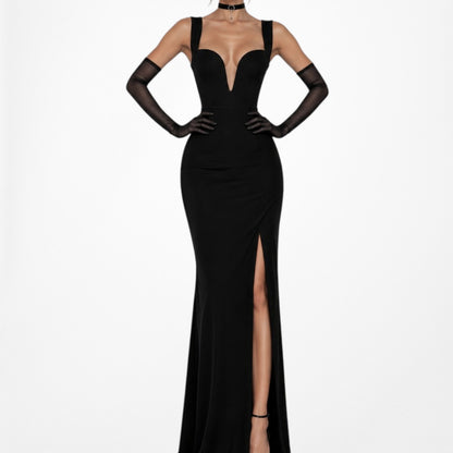 Black Plunging V-Neck Knit Side Slit Maxi Bodycon Prom Dress Size S