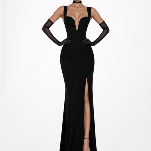 Black Plunging V-Neck Knit Side Slit Maxi Bodycon Prom Dress Size S