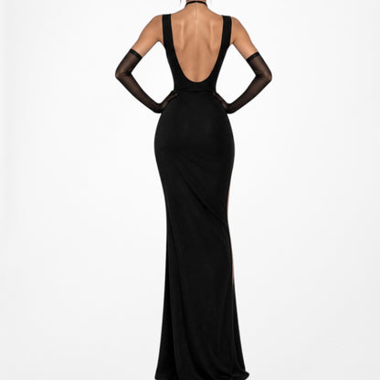 Black Plunging V-Neck Knit Side Slit Maxi Bodycon Prom Dress Size S