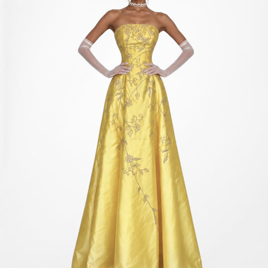 Vintage Y2K 90s Yellow Floral Strapless Beaded Flared Maxi Prom Dress Size S