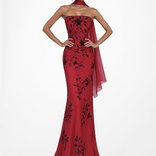 Vintage Y2K Red Black Floral Beaded Fit Flared Maxi Prom Dress Size L/XL