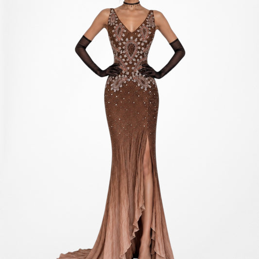 Vintage Brown Beaded Ombre Ruffle Formal Maxi Prom Dress Size S