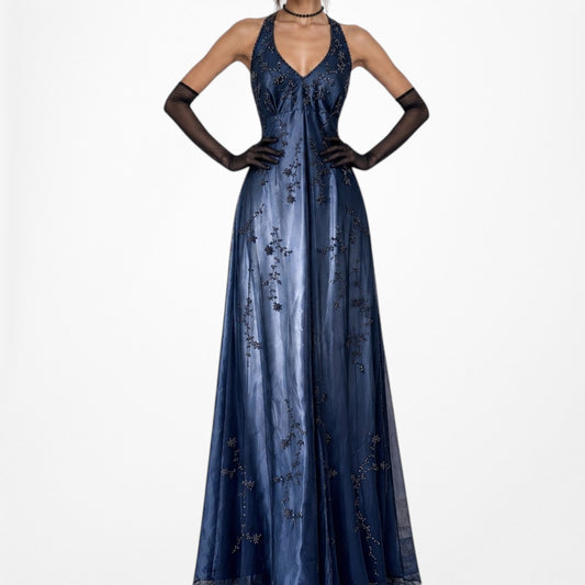Vintage Blue Gradient Satin Mesh Floral Beaded Babydoll Style Prom Dress Size M