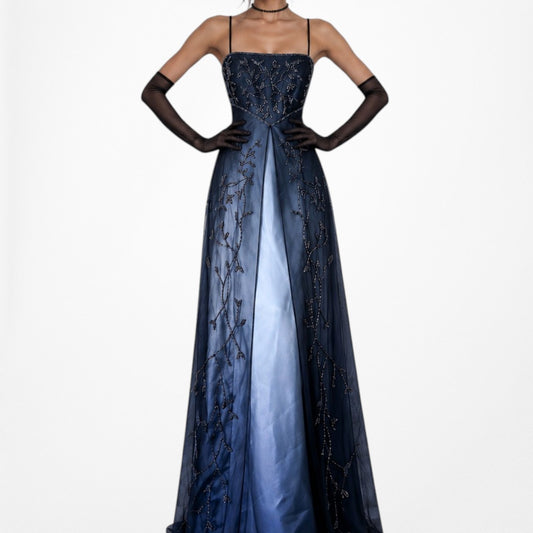 Vintage Y2K Blue Floral Beaded Ombre Satin Mesh Babydoll Prom Dress Size S