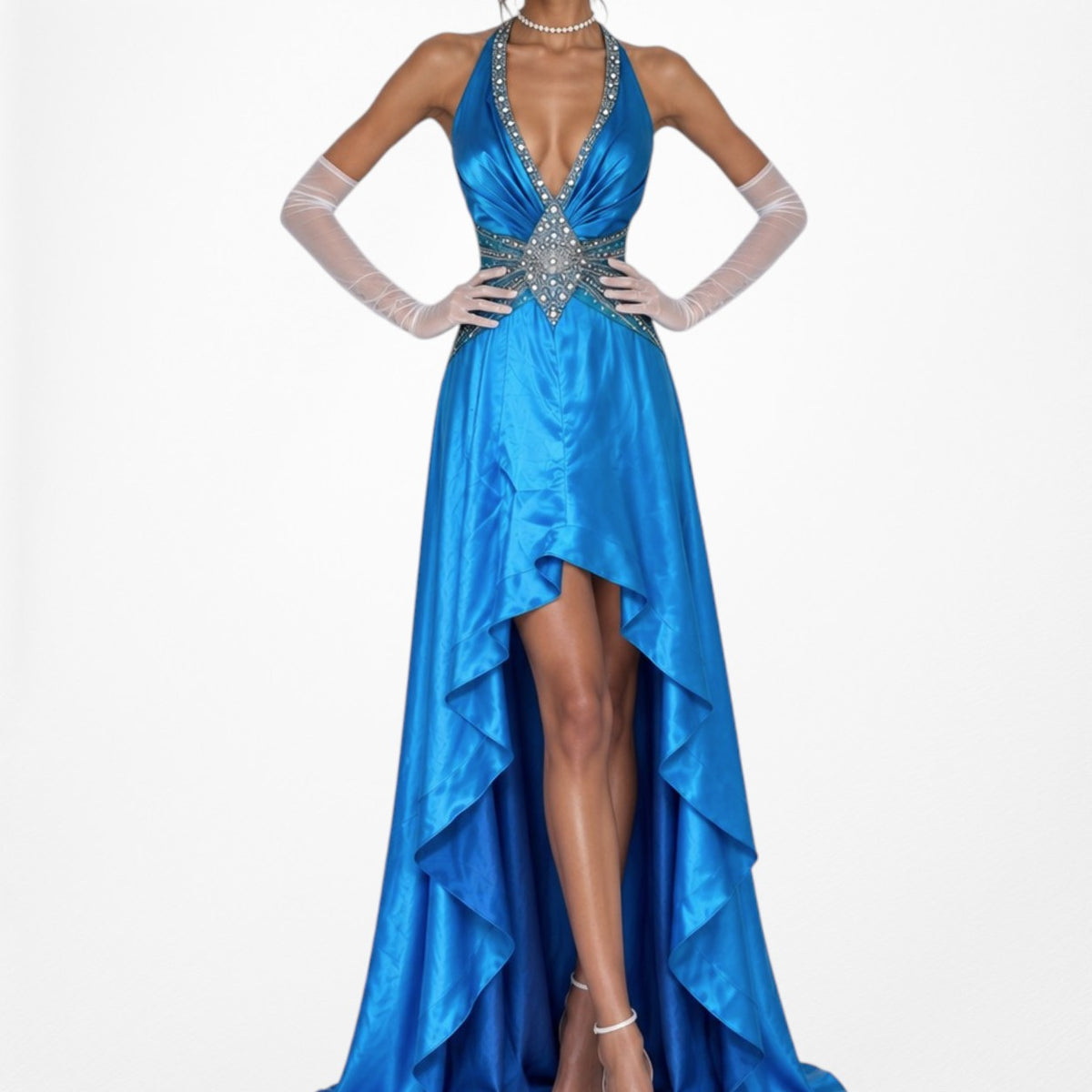 Vintage Y2K Blue Beaded High Low Fit Flared Satin Halter Prom Maxi Dress S