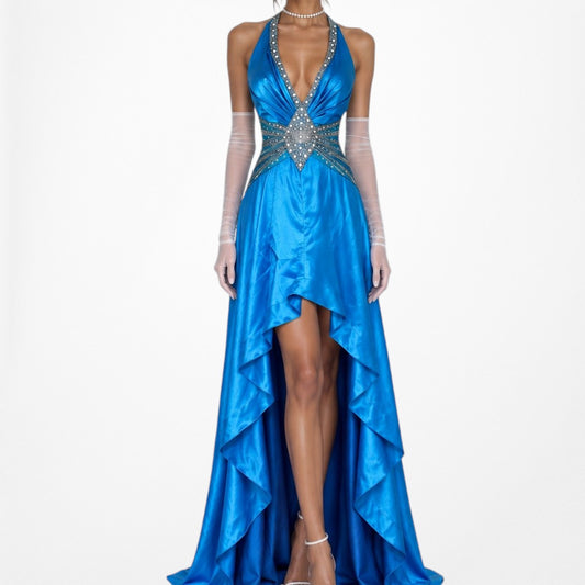 Vintage Y2K Blue Beaded High Low Fit Flared Satin Halter Prom Maxi Dress S