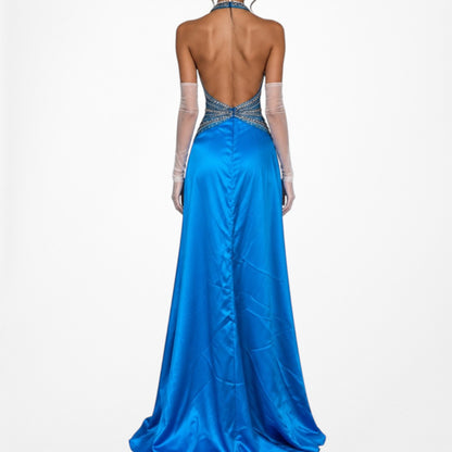 Vintage Y2K Blue Beaded High Low Fit Flared Satin Halter Prom Maxi Dress S