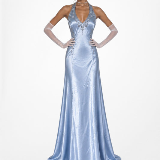 Vintage Y2K Pastel Blue Satin Halter Beaded Fit Flared Maxi Prom Dress Size L